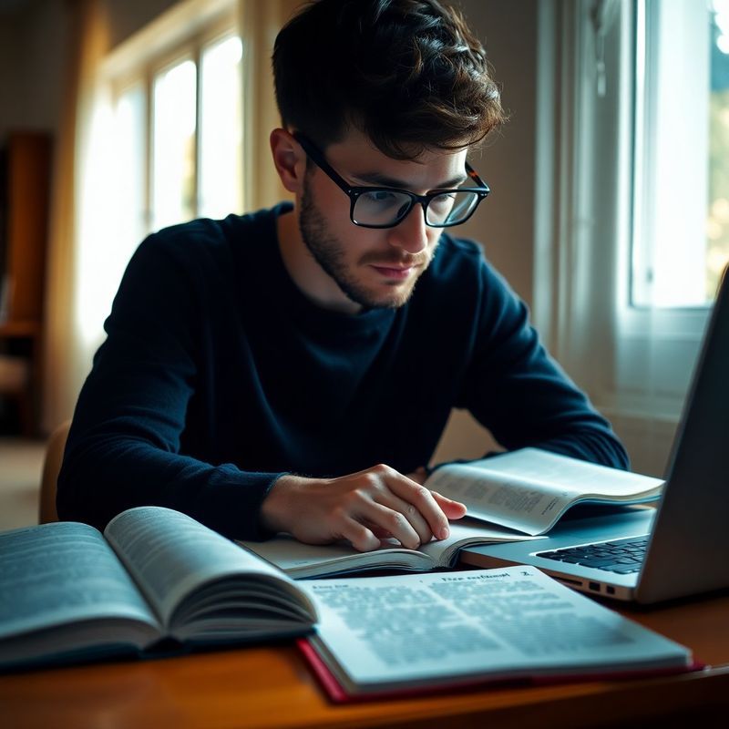 Cursant adult studiind cu manuale și laptop