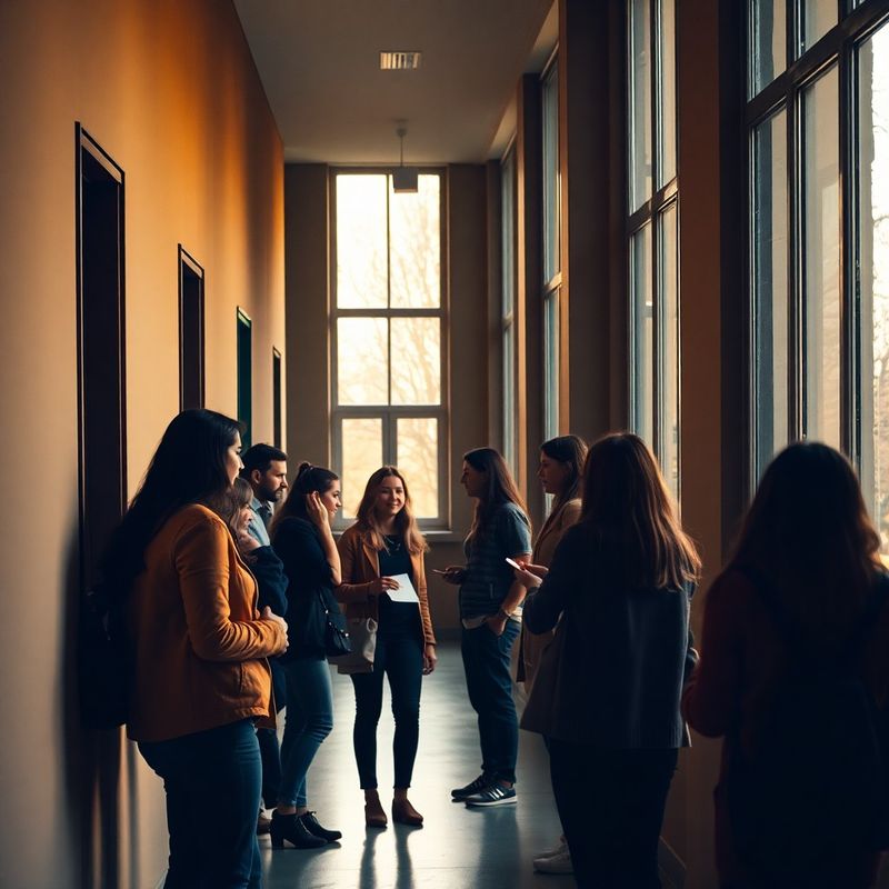 Studenți în discuție într-un coridor universitar din Craiova